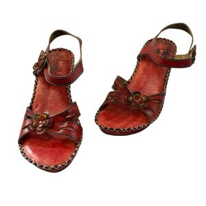 Spring Step L'Artiste Dinora Red Floral Wedge Leather Sandals Womens Size 38